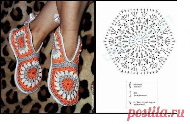 Вяжем тапочки из мотивов. Схемы - запись пользователя Тамара Сергеевна (Тома) в сообществе Вязание крючком в категории Вязаные крючком аксессуары Свяжем тапочки из разных мотивов и бабушкиного квадрата!
