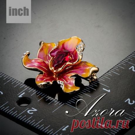 Азора 18 К настоящее позолоченные эффектный цветок с большой крови красный швейцарский цирконий контактный брошь TP0019 купить в магазине AZORA JEWELRY  на AliExpress