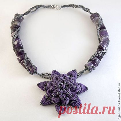Купить Колье "Лилу" ПРОДАНО - сиреневый, колье с аметистами, цветок, цветочное украшение, плетёный, Макраме