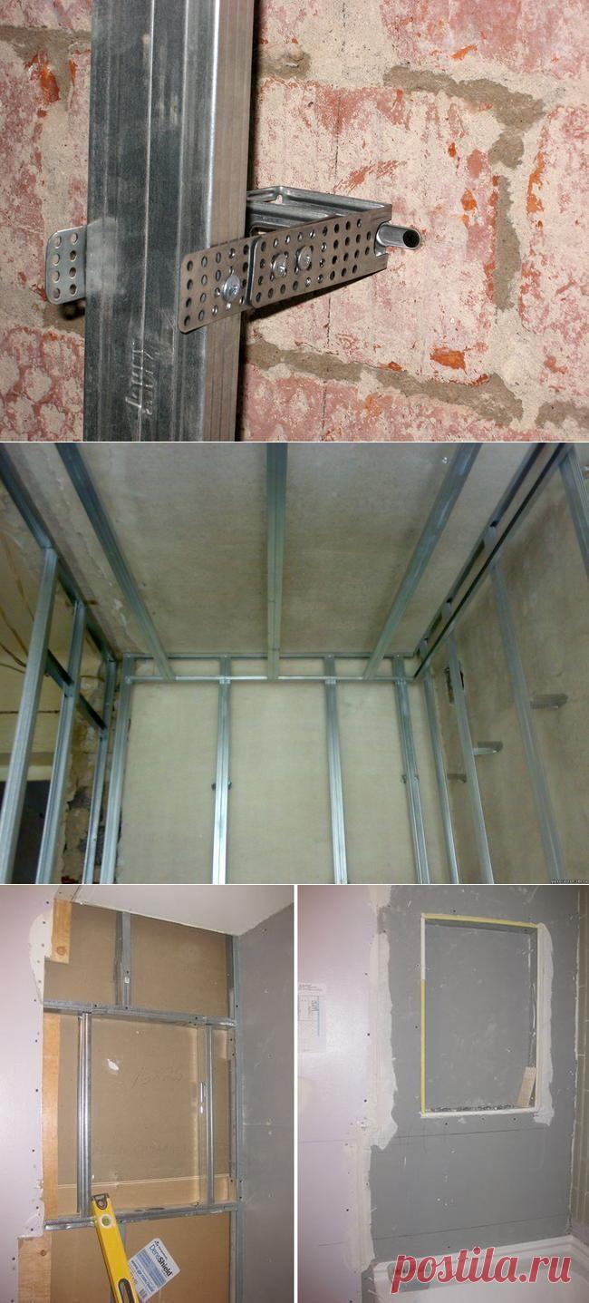 Работа с гипсокартоном. Прибиваем каркас к стене