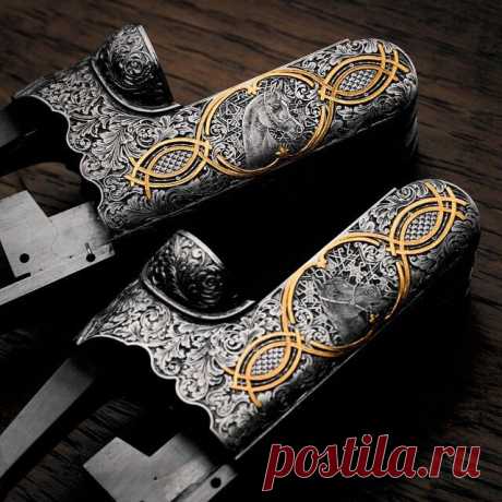 Гравировка. Ружейная коробка. Растительный орнамент. Охота. Всечка золотом.