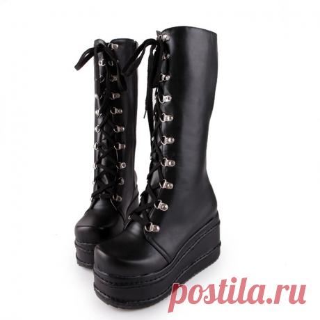 2015 британский стиль Большой размер рок платформа панк зашнуровать клин молния белый черный зима осень на шнурках бедра высокие сапоги обувь купить в магазине yun yun store на AliExpress