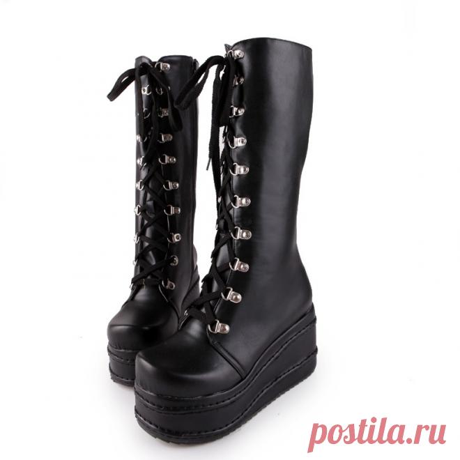 2015 британский стиль Большой размер рок платформа панк зашнуровать клин молния белый черный зима осень на шнурках бедра высокие сапоги обувь купить в магазине yun yun store на AliExpress
