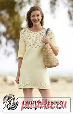 Knitted DROPS dress with short sleeves, round yoke and lace pattern in ”Paris”. Worked top down. Size: S - XXXL. ~ DROPS Design