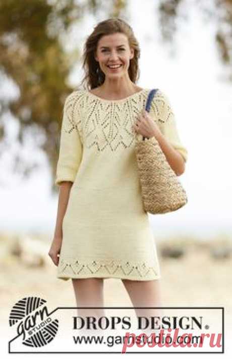 Knitted DROPS dress with short sleeves, round yoke and lace pattern in ”Paris”. Worked top down. Size: S - XXXL. ~ DROPS Design