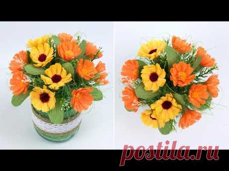 Букет с календулой из гофрированной бумаги. Осенние поделки своими руками.