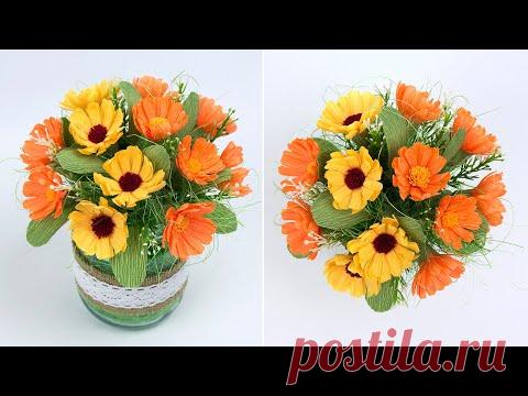 Букет с календулой из гофрированной бумаги. Осенние поделки своими руками.