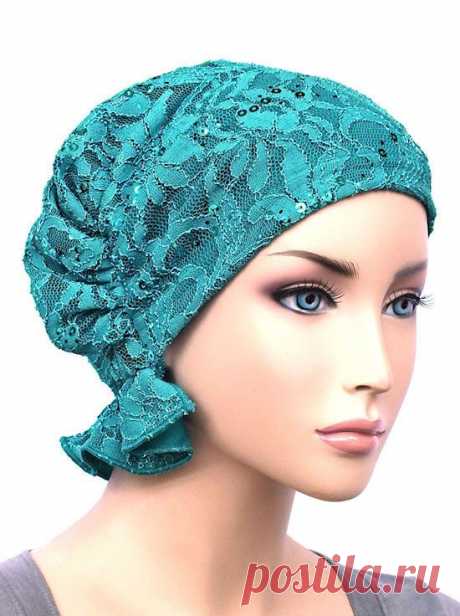 Chemo Cap: The Abbey Cap® in Lace Sequin Turquoise – Chemo Fashion Scarf