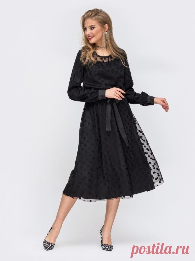 Шелковое платье с фатином в горох и резинкой по талии чёрное 42835 – купить в Киеве, Украине в розницу | цены интернет-магазина Dressa