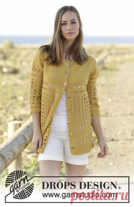 Кардиган Sahara

Размеры: S - M - L - XL - XXL - XXXL

Материалы: пряжа DROPS COTTON MERINO от Garnstudio 550-600-650-700-800-850 грамм, цвет № 15, горчичный; крючок № 4 мм; белые перламутровые пуговицы: 8-8-9-9-9-9 шт.

Плотность вязания – 18 ст.с2н х 9 рядов = 10 см х 10 см.

Информация по технике вязания (при вязании поворотными рядами):

В каждом ряду со ст.с2н вместо первого ст.с2н выполните цепочку из 3 возд.п.

В каждом ряду со ст.с3н вместо первого ст.с3н выполните...