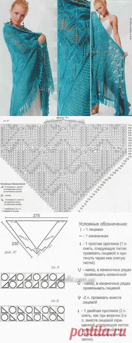 10.03.2022 - Как говорят рукодельницы, новый шальной  сезон начался!  А это значит, что вам пригодятся схемы и описание шалей спицами. РАЗМЕР 275×230 Вам потребуется: 400г пряжи голубого цвета; спицы №3; крючок №2. Модель выполнена спицами. Размеры изделия смотрите на рис.41. Сначала вяжется треугольное полотно шали по схеме 41.