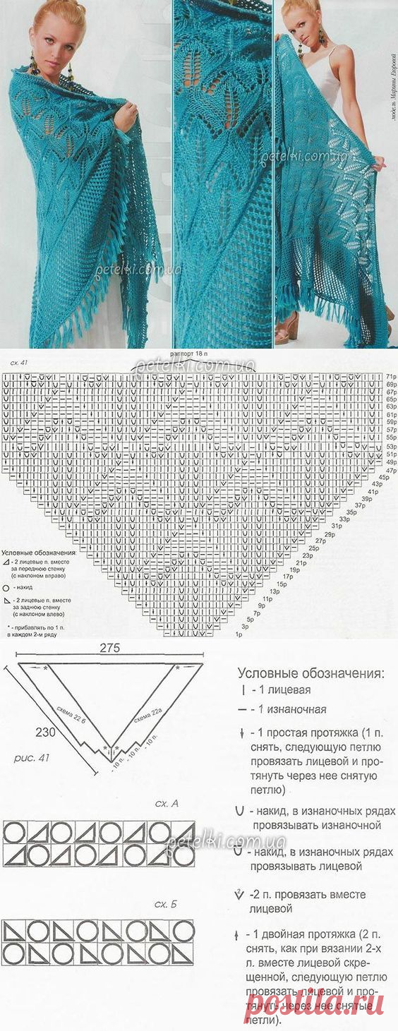 10.03.2022 - Как говорят рукодельницы, новый шальной  сезон начался!  А это значит, что вам пригодятся схемы и описание шалей спицами. РАЗМЕР 275×230 Вам потребуется: 400г пряжи голубого цвета; спицы №3; крючок №2. Модель выполнена спицами. Размеры изделия смотрите на рис.41. Сначала вяжется треугольное полотно шали по схеме 41.