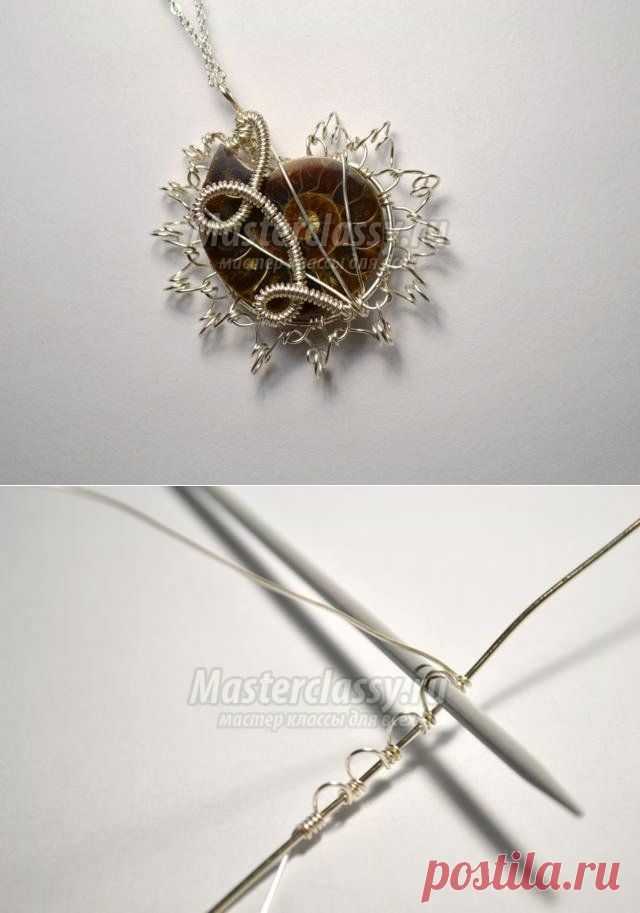 Кулон-подвеска из посеребренной проволоки и аммонита в технике wire wrap