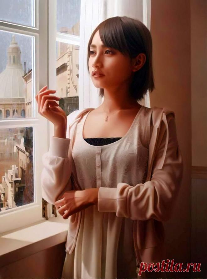 Задумчивый взгляд... Художник из Японии Yasutomo Oka (岡　靖知).