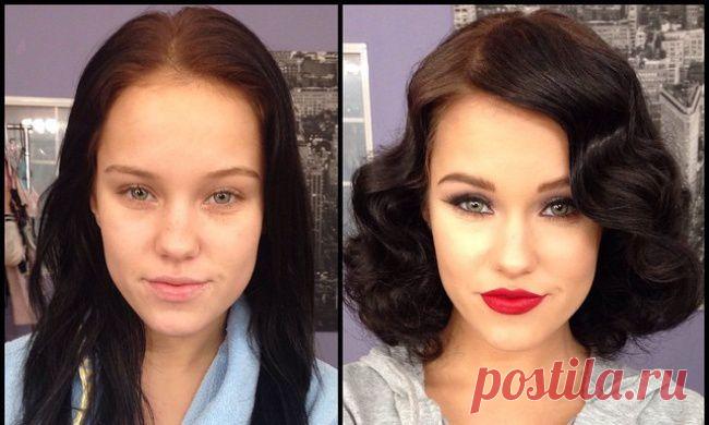 Девушки до макияжа и после