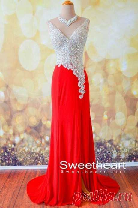 Amazing Red V neckline Chiffon Long Prom Dresses, Evening Dresses from…