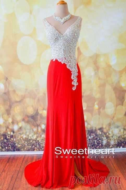 Amazing Red V neckline Chiffon Long Prom Dresses, Evening Dresses from…