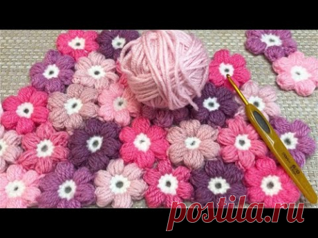 Коврик из пышных цветков. Вязание крючком.
