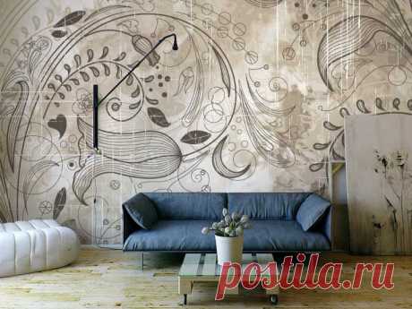 Фотообои - купить фото обои на стену в Киеве Украина - на заказ, каталог, изготовление, продажа, цены | Тонкие грациозные неповторяющиеся узоры и цветы на бежевом фоне. Стильный интерьер, в котором ВЫ сможете насладиться абстракными изображениями. | Фотообои в интерьере дизайнерские