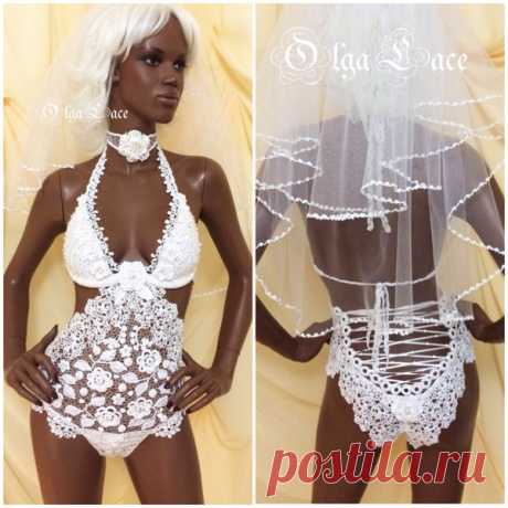 Купить Свадебный купальник от Olga Lace - свадебный купальник, Вязаный купальник, свадьба, кружево