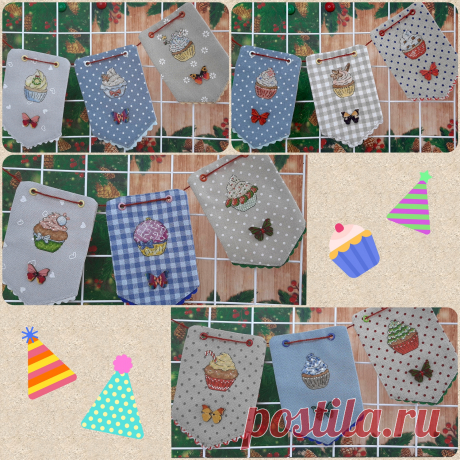 Купить вышивку крестом, праздничное украшение детской, рождественский декор - 
Текстильная гирлянда из флажков &quot;Новогодние кексы&quot; для украшения детской комнаты.
Новогодняя гирлянда с кексами и пирожными.