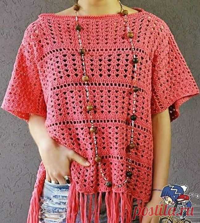 Ажурный топ-накидка с бахромой. Крючком. Схема узора. / knittingideas.ru