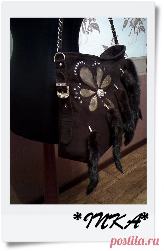 Сумка из натуральной замши с норковыми хвостиками. МК.