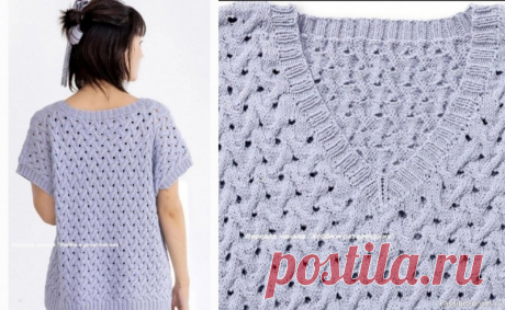 Футболка-топ спицами. Описание | Вязание для женщин спицами. Схемы вязания спицами Краткое описание. ОГ безрукавки = 60 см. Спицы для вязания № 3,5 мм и № 3 мм. Расход пряжи 370 гр. Плотность вязания 30 п х 35,5 ряд = 10 х 10 см.Спинка. Набрать на меньшие спицы 170 п. Провязать резинкой 2 х 2 – 5 см. Перейти на вязание большими спицами. Прибавить в первом ряду...
