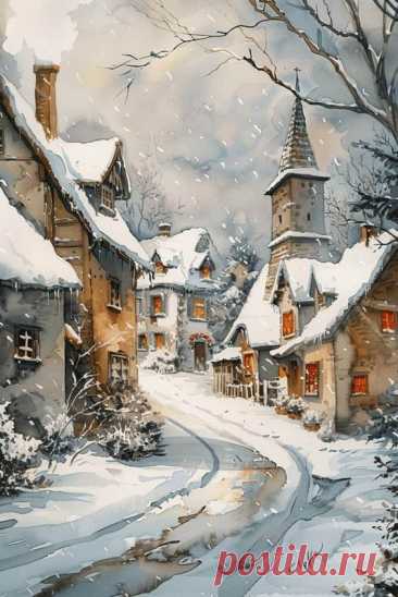 a painting of a snowy village with houses and trees