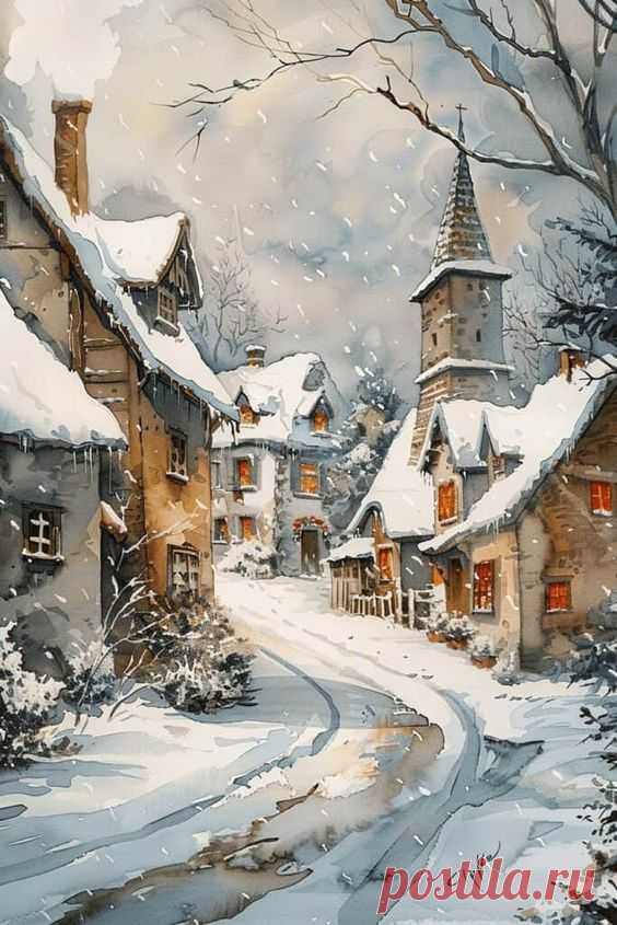 a painting of a snowy village with houses and trees