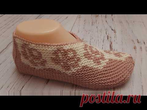 Тапочки-следки на двух спицах  (правый). ( 1 ЧАСТЬ )