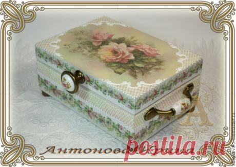 Купить Чайная шкатулка-"Розы" - бежевый, Декупаж, чай, чайная коробка, чайная шкатулка