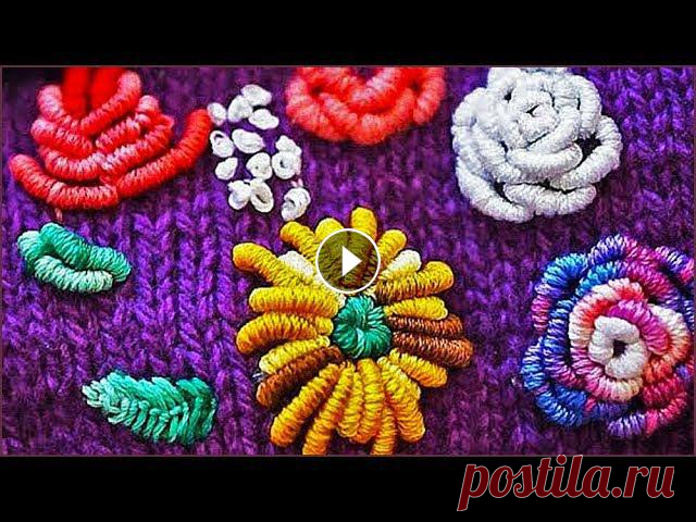 Вышивка на вязаных изделиях. Вышивка по трикотажу. Вышивка цветов. Embroidery on knitting. Использованы нитки для вышивания 