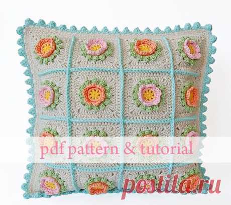 Flowery Crochet Cushion PDF pattern &amp; step by step от DadasPlace