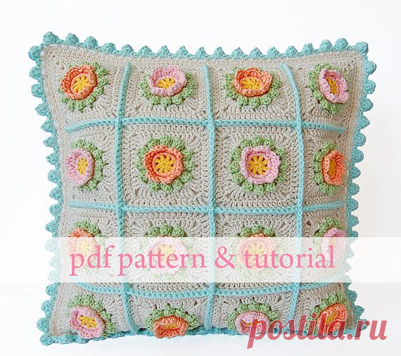 Flowery Crochet Cushion PDF pattern & step by step от DadasPlace