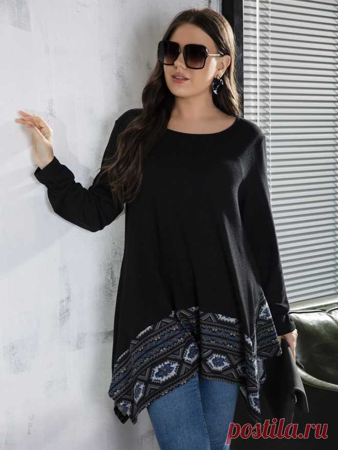 Асимметричная футболка с геометрическим принтом размера плюс | SHEIN Россия