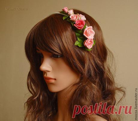 Купить Ободок с цветами "Розовые розы". Полимерная глина. - розовый, розовые розы, ободок с цветами