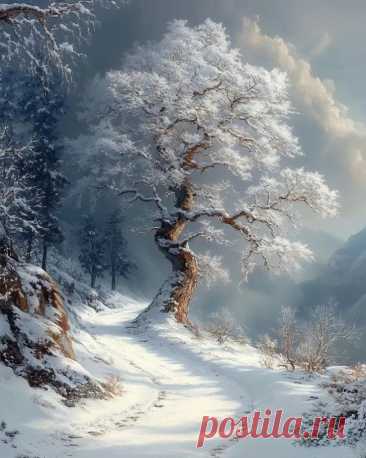 a painting of a snow covered path leading to a tree in the middle of a mountain