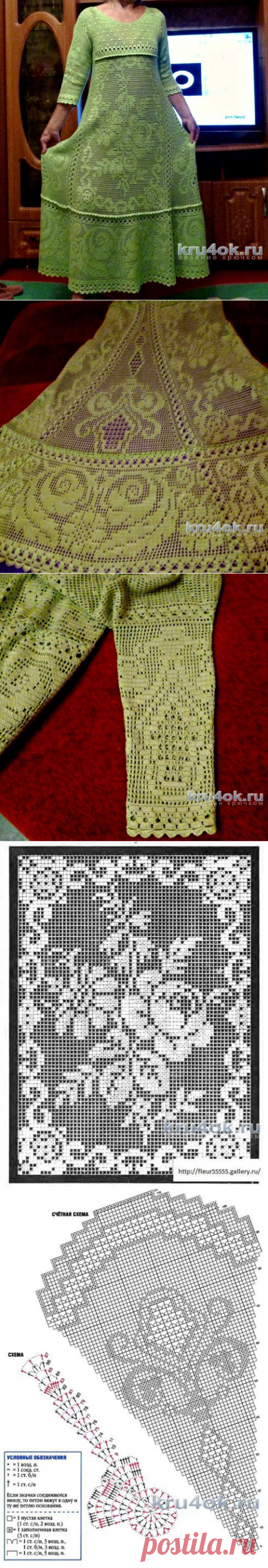 Женское платье крючком, филейное вязание. Работа Ирины