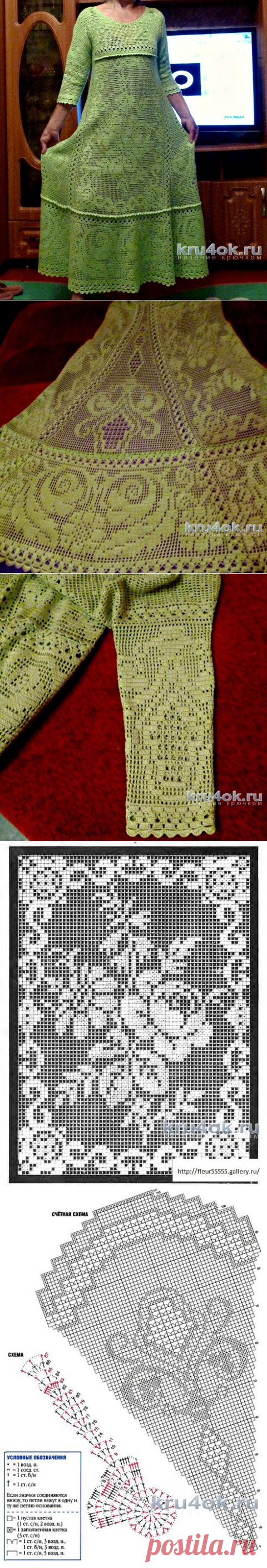 Женское платье крючком, филейное вязание. Работа Ирины