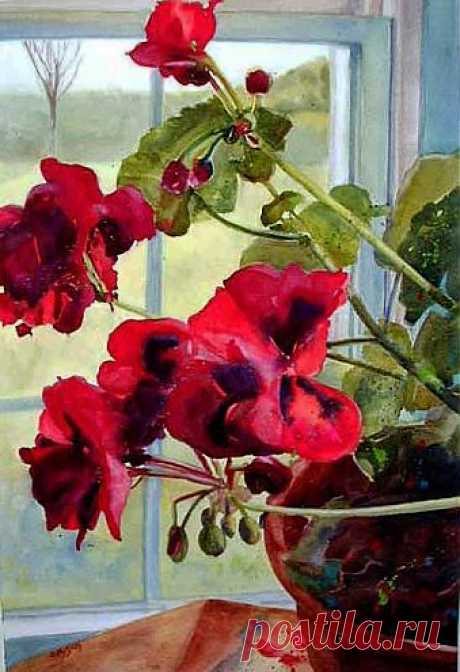 Red Geranium, original painting by artist Kay Smith | DailyPainters.com