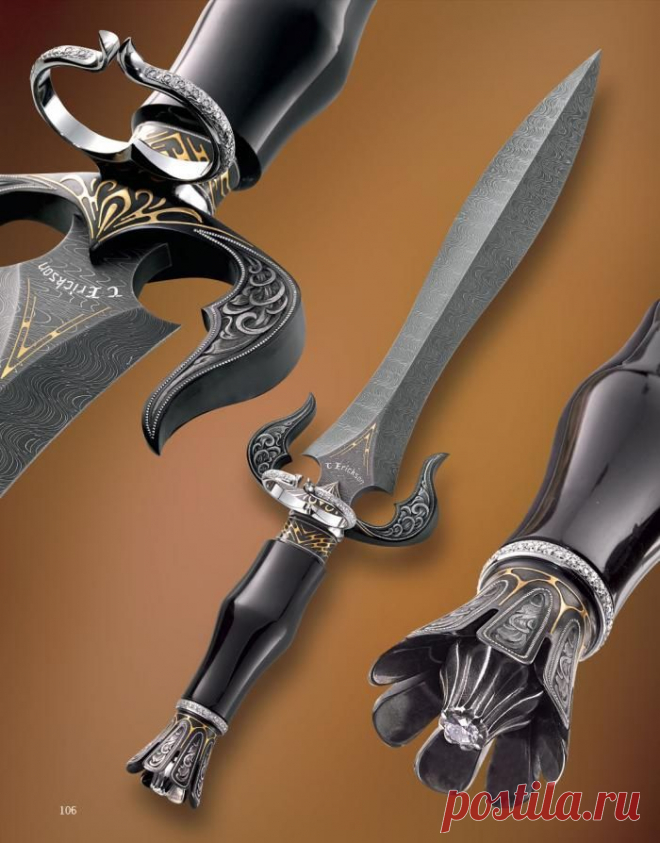 Кинжал от J. Erickson. Дамасская сталь. Гравировка. Всечка золотом. Литьё.