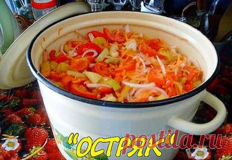 Caлaт нa зиму «OCTPЯK» - BKУCHOTИЩA HEOБЫKHOBEHHAЯ! OБЯЗATEЛЬHO coхрaняйтe СEБE такое COKPOВИЩЕ. Будете в восторге! Он не подведет Вас, даю гарантию, что в будущем будете повторять его постоянно, ведь готовится он легко и быстро. Овощи получаются хрустящими, в меру пикантными, ароматными!

Ингредиенты:
_________________

болгарский перец – 1 кг.,
зрелые помидоры – 3 кг.,
репчатый лук – 1 кг.,
морковь – 1 кг.,
сахар – 6 ст. ложек с горкой,
растительное масло – 300 гр.,
уксу...