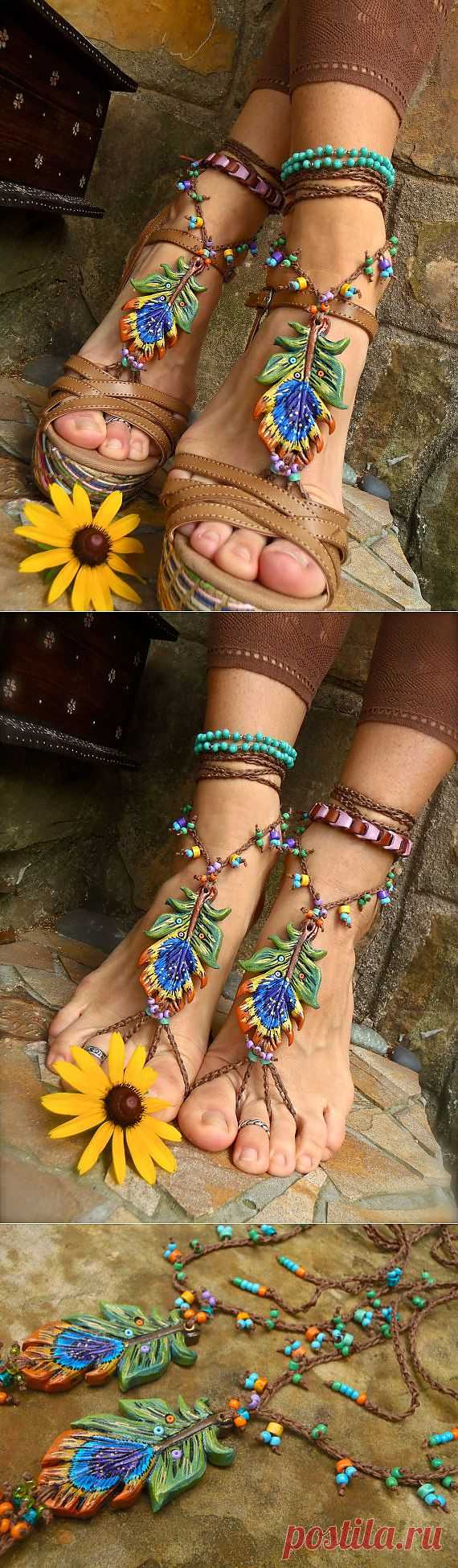 PEACOCK BAREFOOT sandals peacock feather beach wedding от GPyoga