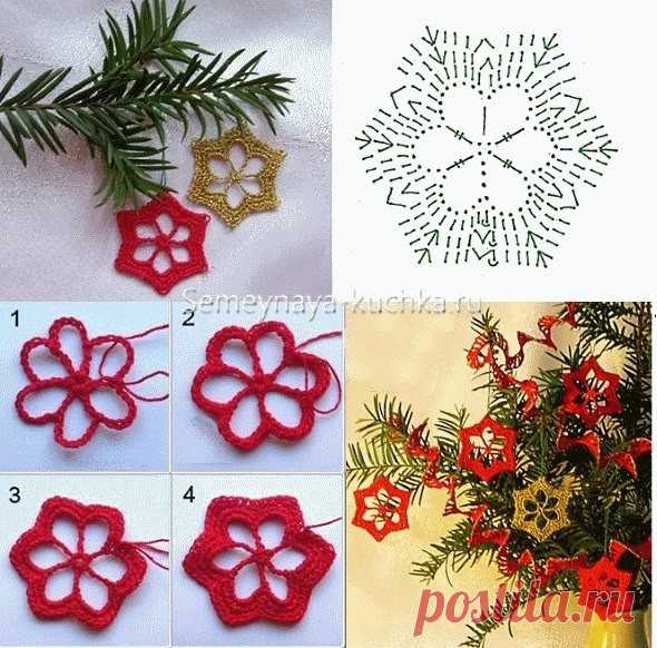 ​Вязаные детьми снежинки на ёлку