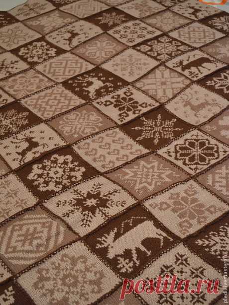 Купить Плед "Норвежский капучино" - коричневый, вязаный, вязание спицами, норвежский узор, норвежский орнамент