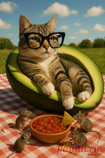 Котик в очках и авокадо с мышками - веселый пикник. Картинка из нейросети Sora - Sora Images примеры промтов - Форум ИИ о нейросетях - Yes Ai