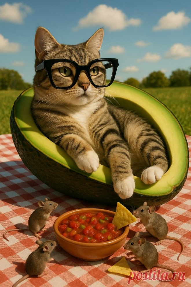 Котик в очках и авокадо с мышками - веселый пикник. Картинка из нейросети Sora - Sora Images примеры промтов - Форум ИИ о нейросетях - Yes Ai