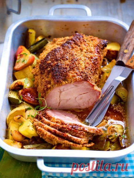 (Saftiger Senfbraten mit Porree und Äpfeln Rezept