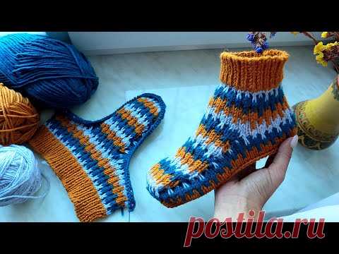 Вязаные тапочки узором Зигзаг на 38-40 размер. Тапочки спицами с цельной подошвой - YouTube